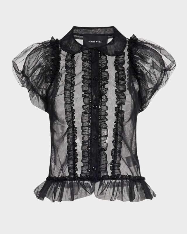 Sheer Puff-Sleeve Ruffle Shirt